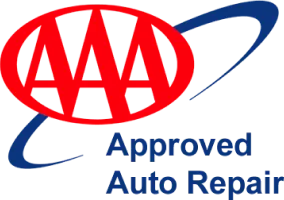 AAA Approved Auto Repair logo featuring a red AAA inside an oval with a blue swoosh, and the words Approved Auto Repair in blue text below the graphic.