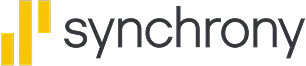 Logo for Synchrony featuring three vertical yellow bars of varying heights to the left of the word synchrony in lowercase black letters with a modern, sans-serif font.