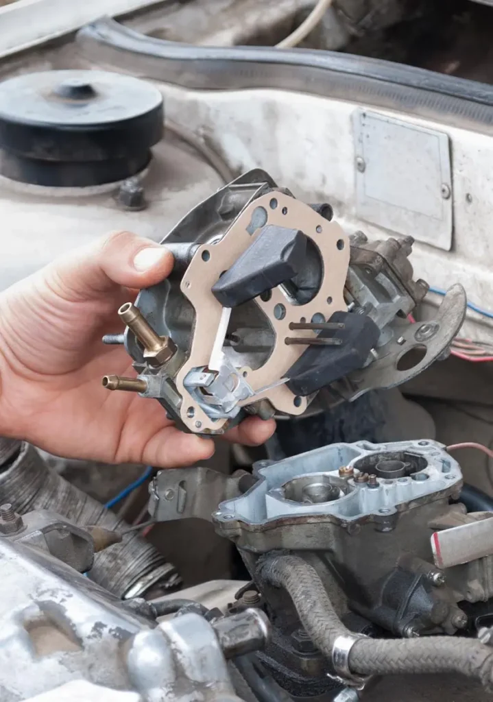 Carburetor Repair in Clive, IA At Westside Auto Pros. A hand holding a carburetor above an open engine compartment, showing the process of removing or installing the part in a vehicle. Various engine components and cables are visible in the background.