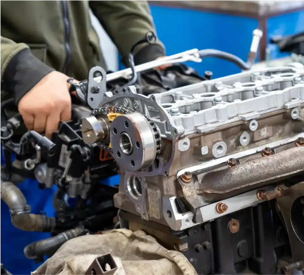 Engine Repair & Replacement in Clive, IA At Westside Auto Pros. A person wearing a green jacket works on a disassembled car engine, adjusting components and gears within a workshop setting.