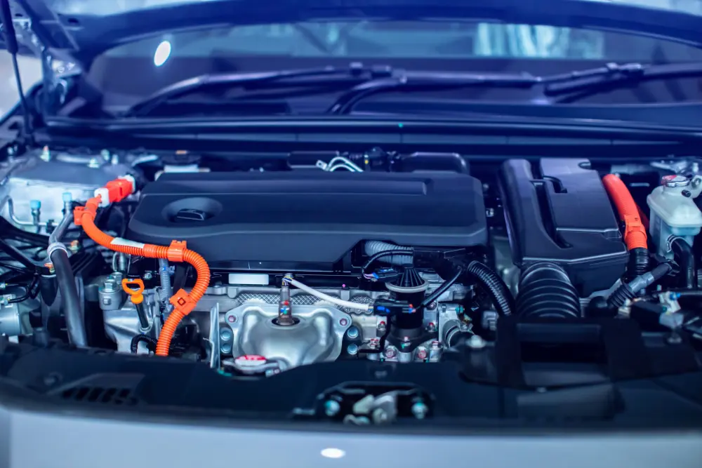 A close-up view of a car engine inside the open hood of a vehicle, featuring visible orange high-voltage cables and various engine components.